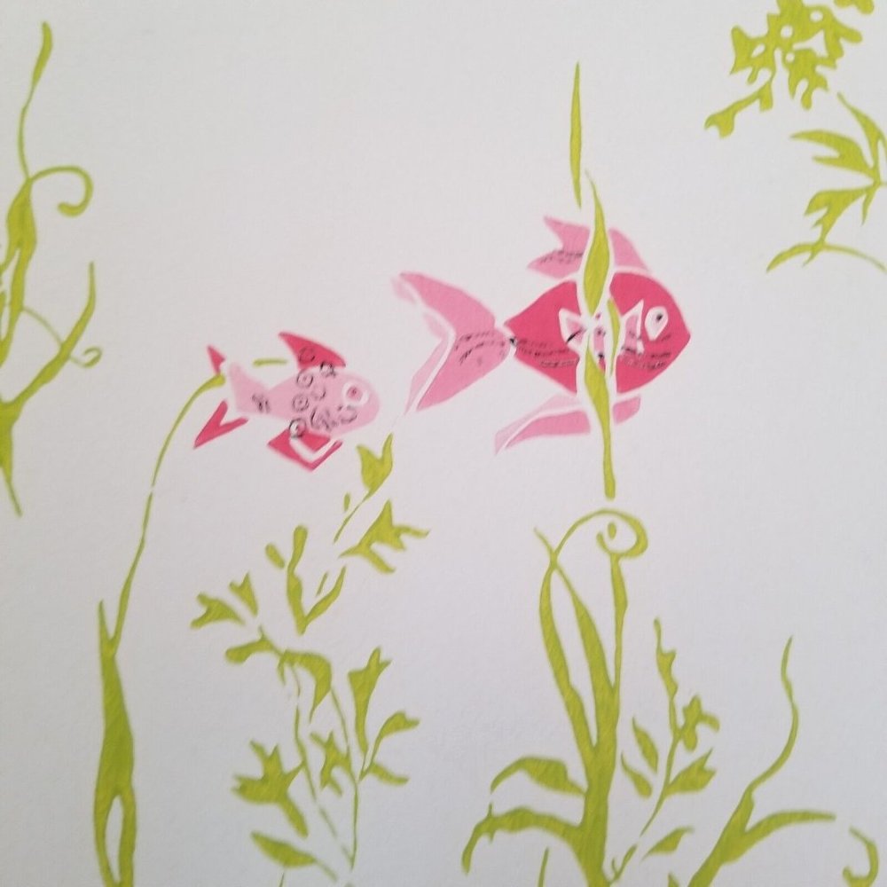 Vintage Wallpaper Sample Sheet Pink Fish Coronet CO575 Craft Supply Dollhouse